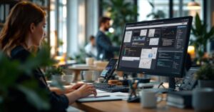 Cabinet d'expertise comptable moderne avec professionnels analysant documents financiers