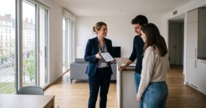 Agent immobilier locatif en action, conseillant un client pour la gestion d'un bien en location