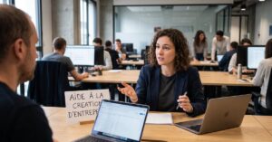 Aide à la création d'entreprise : entrepreneur consultant des documents de financement à son bureau