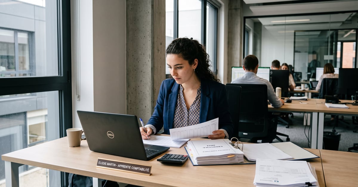 Étudiant en alternance comptabilité travaillant sur des documents financiers dans un bureau moderne