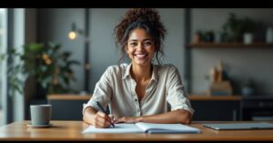 Entrepreneur déclarant la TVA en ligne sur ordinateur portable, documents fiscaux sur bureau moderne