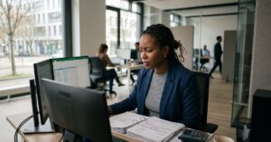 Emplois en comptabilité : professionnel travaillant sur des documents financiers dans un bureau moderne