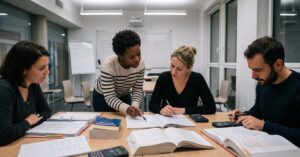 Formation comptabilité : étudiant en train d'analyser des documents financiers sur un bureau moderne