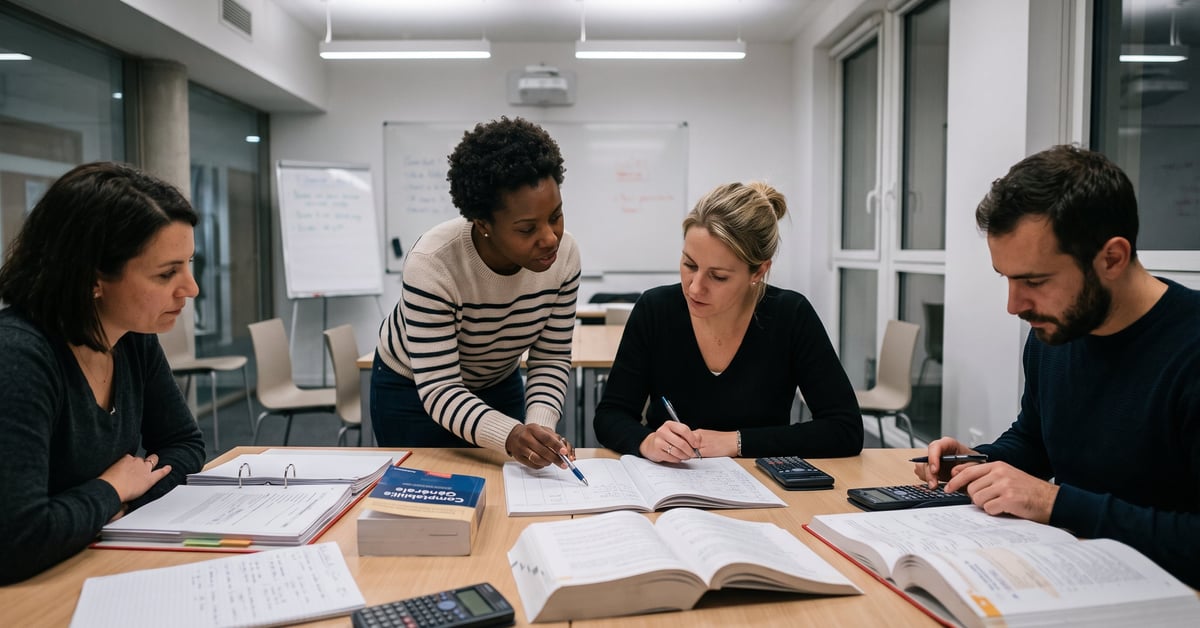 Formation comptabilité : étudiant en train d'analyser des documents financiers sur un bureau moderne