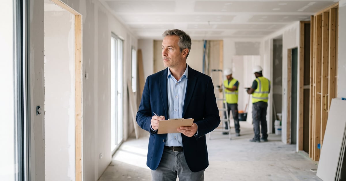 Investisseur immobilier locatif analysant un projet d'investissement locatif dans un cadre moderne