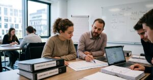 Étudiant en stage comptabilité travaillant sur des documents financiers dans un bureau moderne