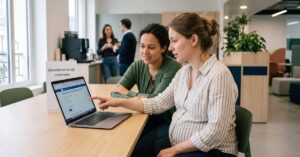 Simulation congé maternité : femme enceinte consulte ses documents et calcule ses indemnités